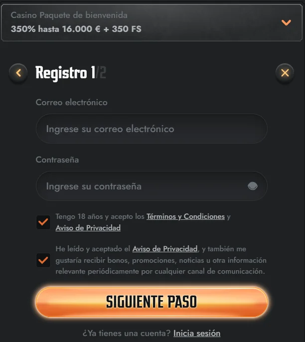 Burst Games formulario de registro con bono de bienvenida